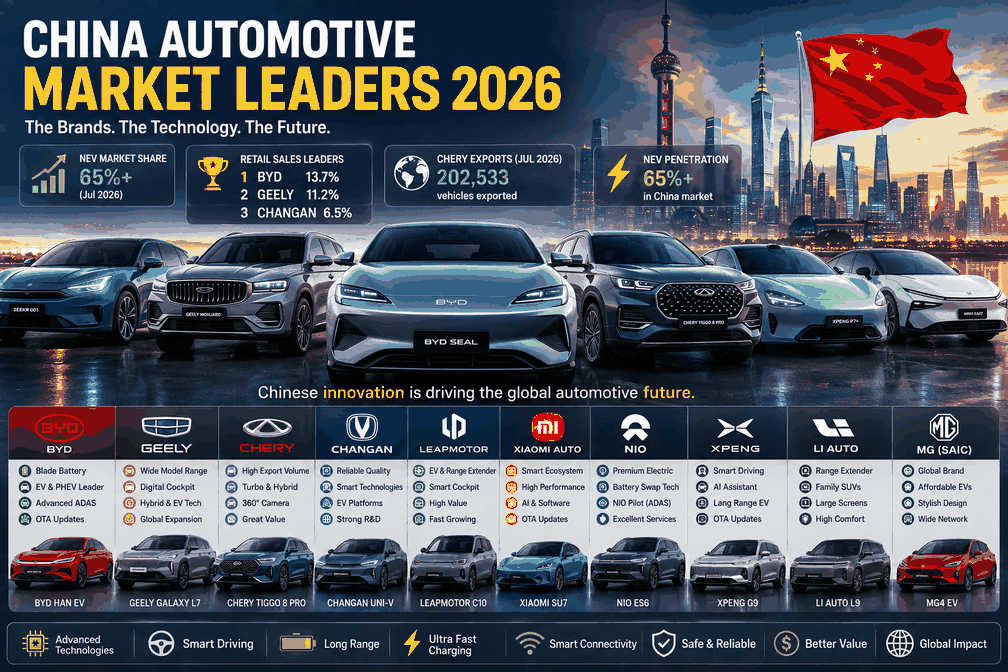 China automotive market leaders BYD Geely Chery Xiaomi NIO XPeng 2026