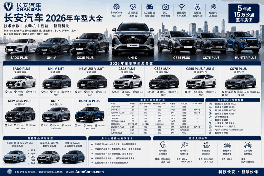 长安汽车2026年车型 UNI-V UNI-K CS35 MAX CS55 Plus CS75 Plus EADO Plus Hunter Plus